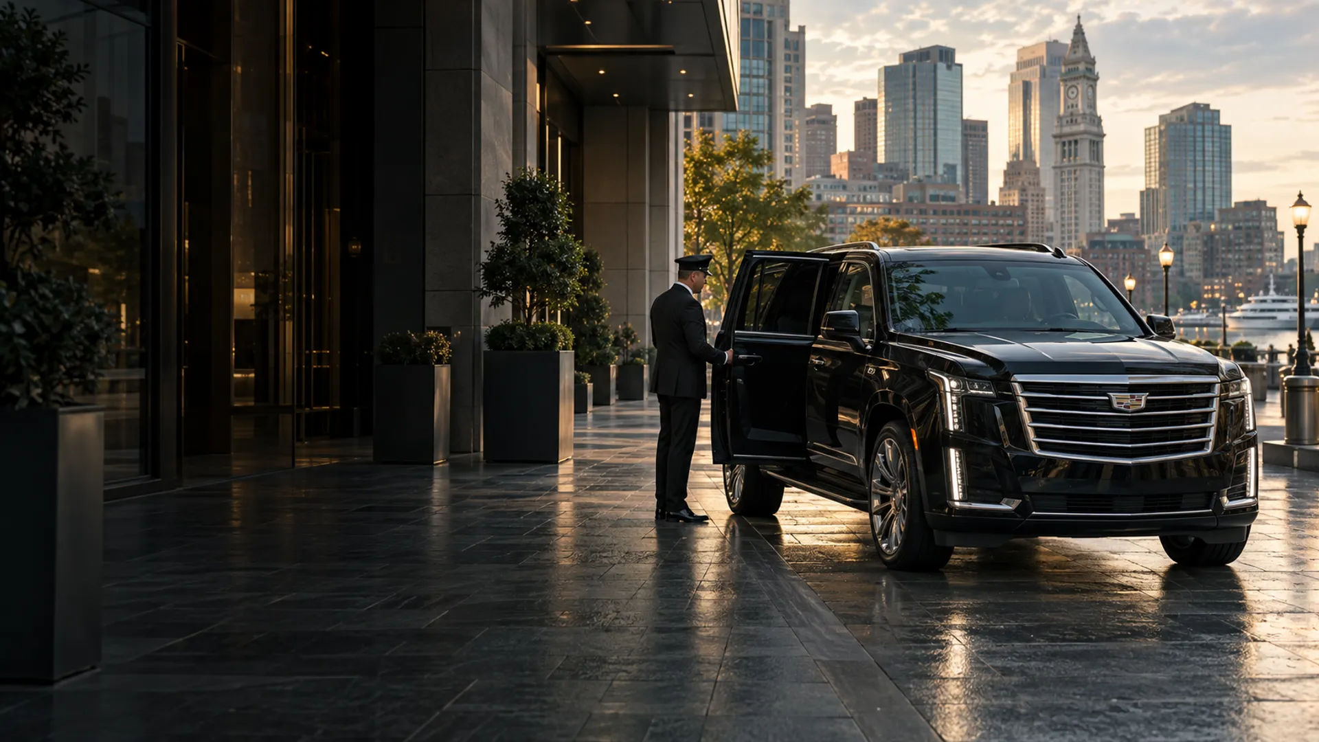 Professional chauffeur with a black luxury SUV in Boston