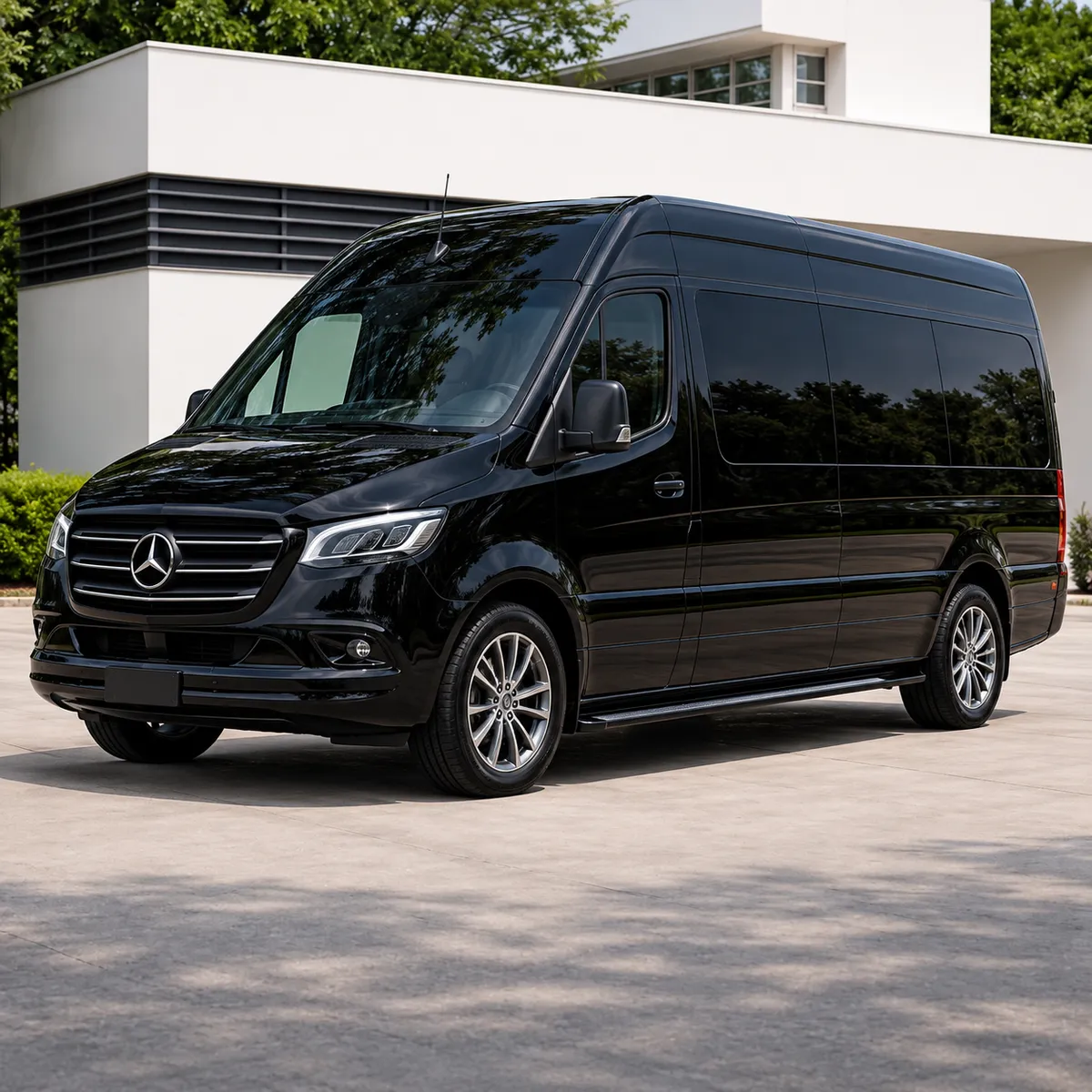 Black Mercedes-Benz Sprinter passenger van